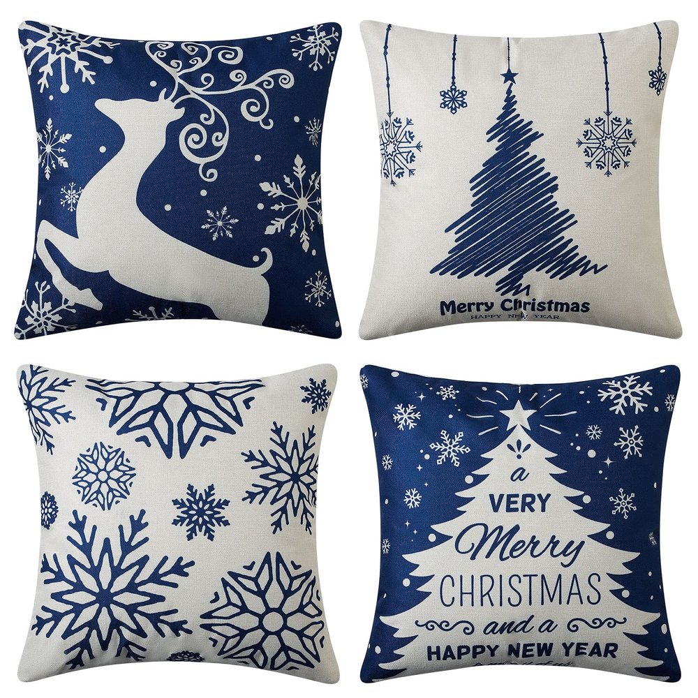 CAROMIO Christmas Decorations Pillow Covers 18x18 Set of 4,Farmhouse Christmas Decor for Home,Tree Deer Snowflakes Rustic Xmas Pillow Case Winter Holiday Decorations Throw Cushion Case for Home Couch