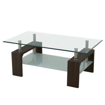 2 Tier Glass Coffee Table Room Tempered Glass Coffee Table Center Table Modern Side Rectangular Tea Table Oval Glass End Table with Shelf and Metal Legs for Home Office Living Room (Ship from USA)