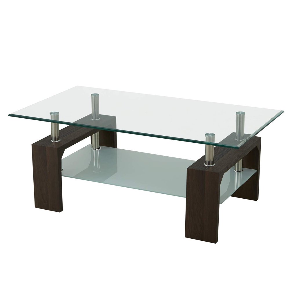2 Tier Glass Coffee Table Room Tempered Glass Coffee Table Center Table Modern Side Rectangular Tea Table Oval Glass End Table with Shelf and Metal Legs for Home Office Living Room (Ship from USA)