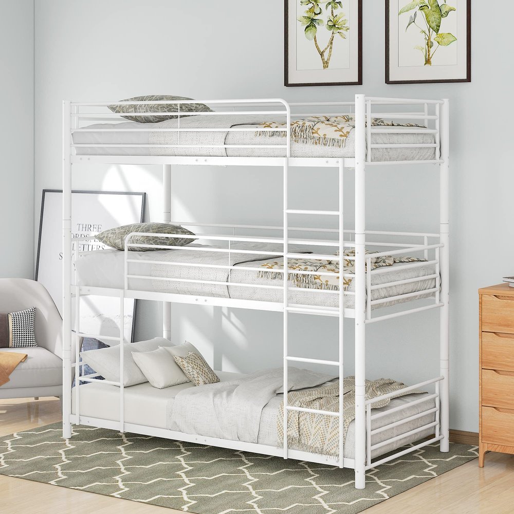 Metal Triple Bunk Beds, Twin-Over-Twin-Over-Twin Bunk Beds Frame with Safety Guardrails and Built-in Ladder for Kids & Teens, Can Be Split Into 3 Independent Bed (White + Metal + Twin-Twin-Twin)