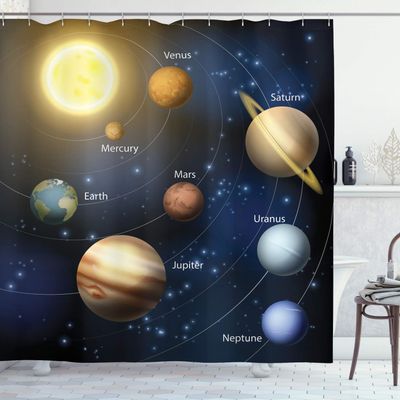 Ambesonne Science Shower Curtain, Realistic Illustration of Solar System Sun Planets Orbit Astronomy Outer Space, Cloth Fabric Bathroom Decor Set with Hooks, 69" W x 84" L, Dark Night Blue Brown