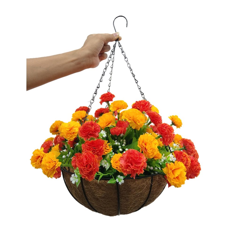 Chain Hanging Basket Flowerpot Artificial Carnations Flower Silk Flowers Orange (Small Basket)