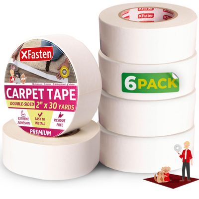 XFasten Double Sided Carpet Tape for Area Rugs, 2 Inch x 30 Yards (6-Pack)  Heavy Duty Anti Slip Rug Grip Tape, Works as Rug Gripper, Wood Safe, Easy Removal for Hardwood and Laminated Floors
