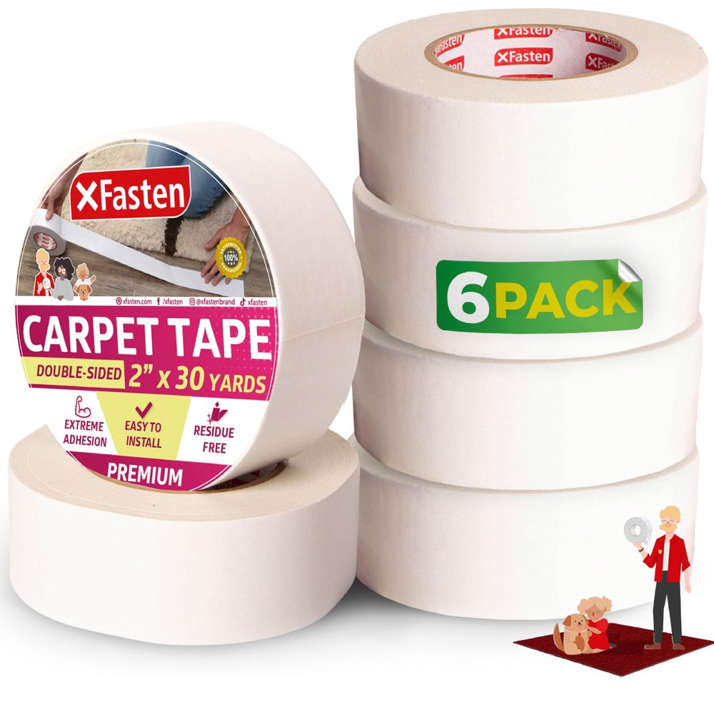 XFasten Double Sided Carpet Tape for Area Rugs, 2 Inch x 30 Yards (6-Pack)  Heavy Duty Anti Slip Rug Grip Tape, Works as Rug Gripper, Wood Safe, Easy Removal for Hardwood and Laminated Floors