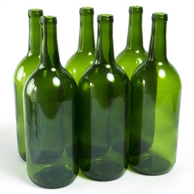 North Mountain Supply 1.5 Liter Glass Bordeaux Wine Bottle Flat-Bottomed Cork Finish - Case of 6 - Champagne Green
