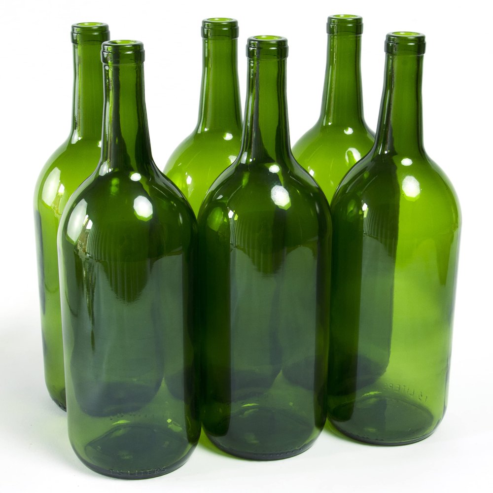 North Mountain Supply 1.5 Liter Glass Bordeaux Wine Bottle Flat-Bottomed Cork Finish - Case of 6 - Champagne Green