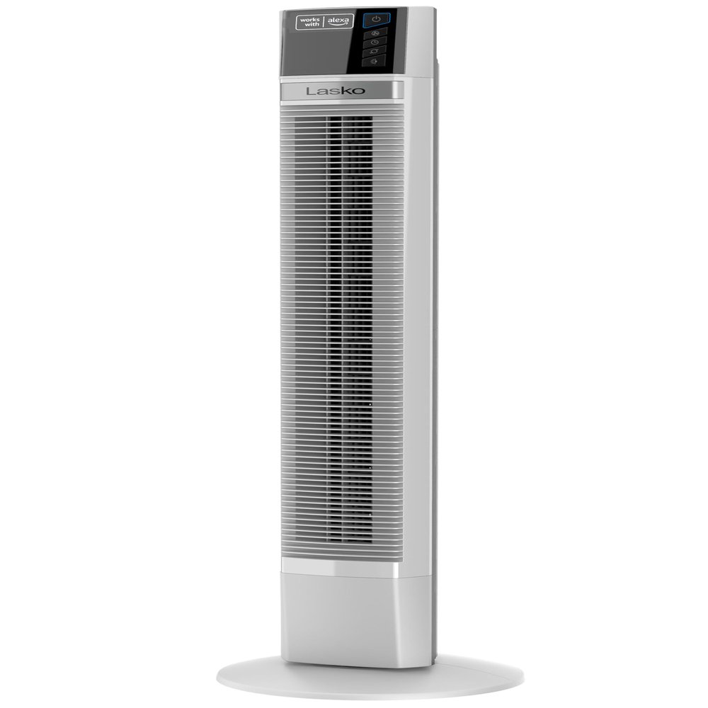 Lasko Works with Alexa Oscillating Tower Fan, Voice Controlled, 4 Quiet Speeds, Sleep Mode, Timer, Bedroom, Living Room, 48", White, T48401