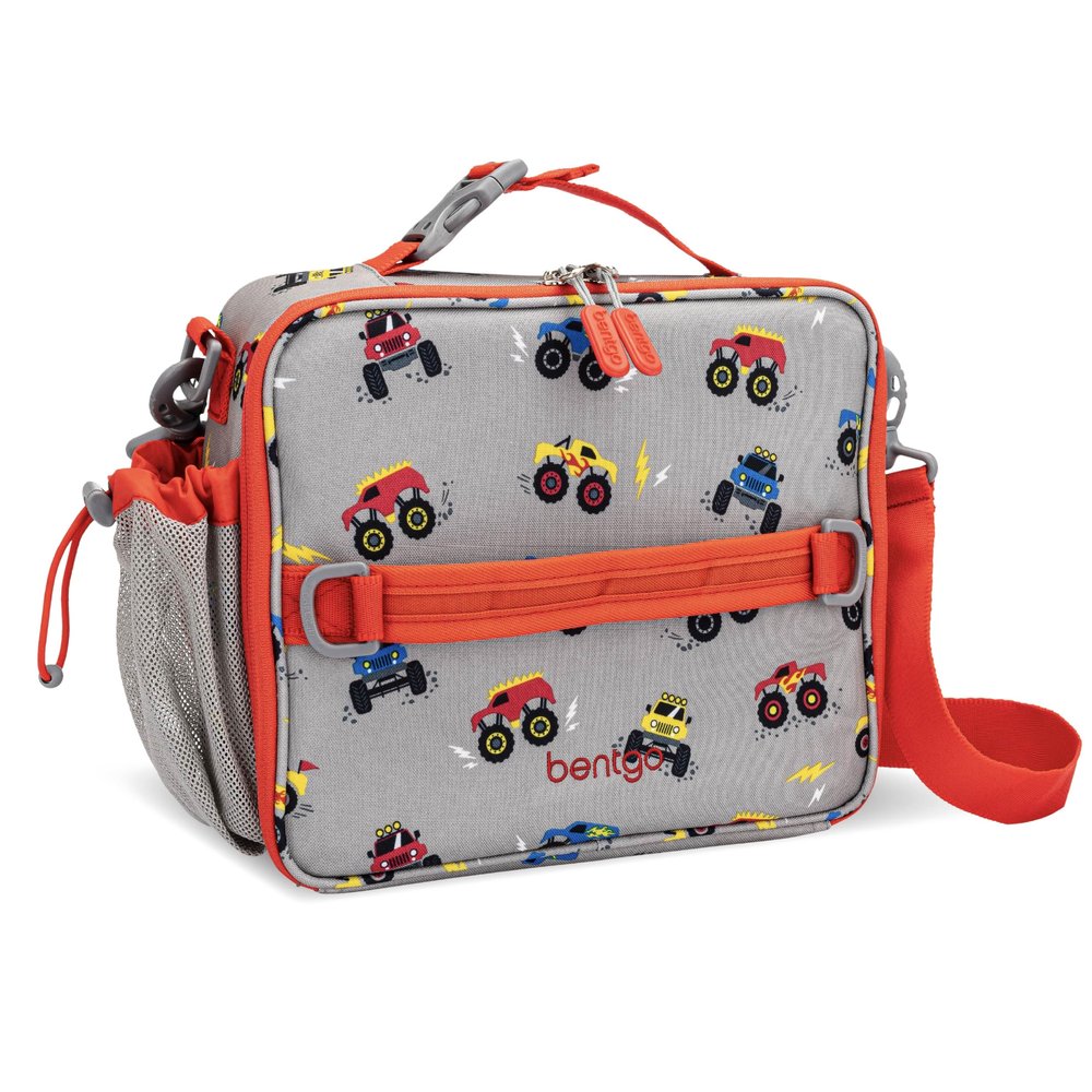 Bentgo Kids Lunch Bag - Double-Insulated, Reusable Lunch Bag for Kids 3+ with Adjustable Strap; Holds Lunch Box/Water Bottle/Snacks; Easy-Clean, Water-Resistant & Pockets (Trucks)