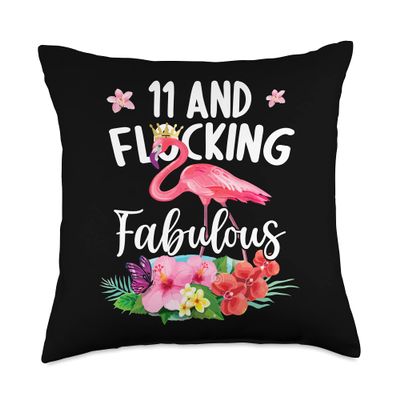 11 years old and Flocking fabulous Flamingo Girl Birthday P Throw Pillow