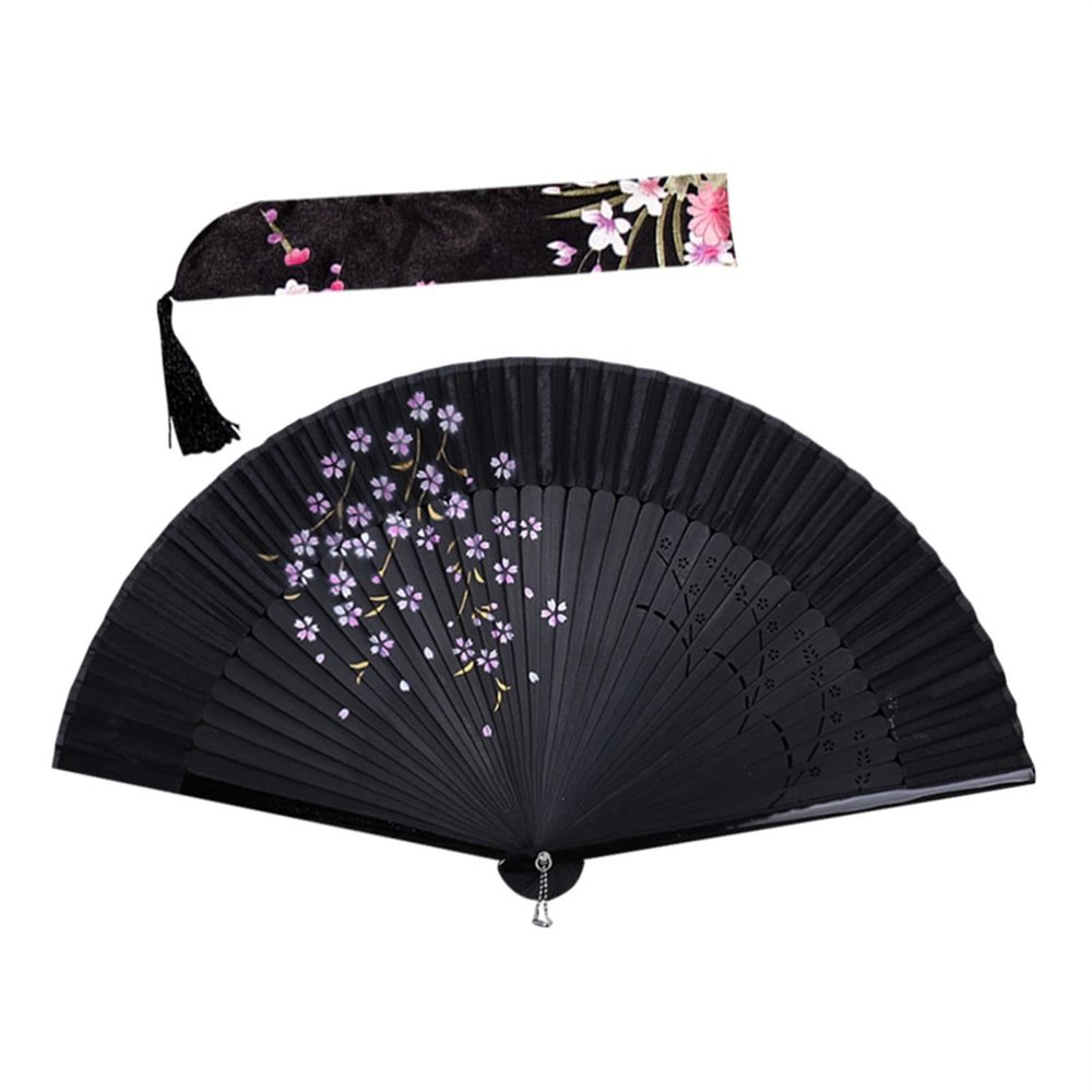 DUO ER Folding Fan Smoky Cherry Blossom Handheld Fan Dance Hand Fan with Cloth Bag Elegant Gift for Ladies Black Bone Red Color 38x21x1cm (Color : Black)