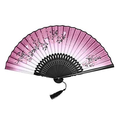 DUO ER Butterfly and Flower Style Folding Bamboo Hand Fan with Tassel Home Decor Collection Women Girl Dancing Fans (Color : Wine Red and Black)