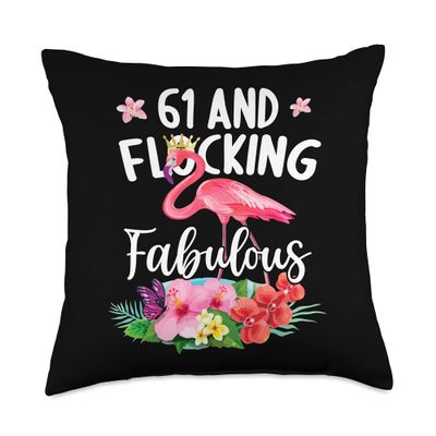 61 years old and Flocking fabulous Flamingo Girl Birthday P Throw Pillow
