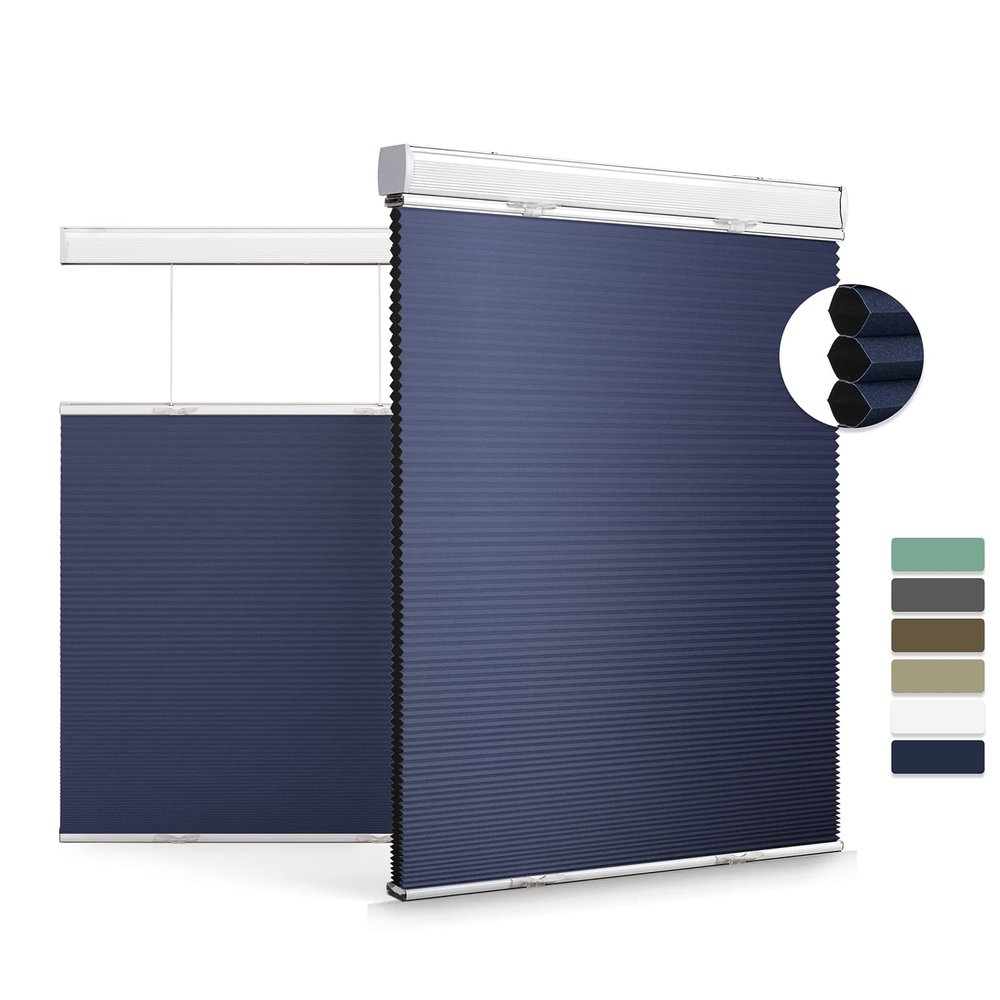 Boolegon Top Down Bottom Up Cellular Shades for Windows Cordless Blackout Honeycomb Blinds Custom Cut to Size, Deep Blue, 45" W x 44" H