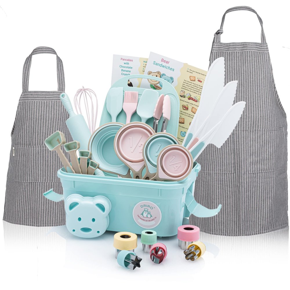 Kids Baking Set Real Cooking Set for Kids , Baking Supplies with Adult and Kid Aprons - Real Tools for Real Cooking Kids Baking Sets for Girls and Boys Kid Cooking Gift Set (Cyan)