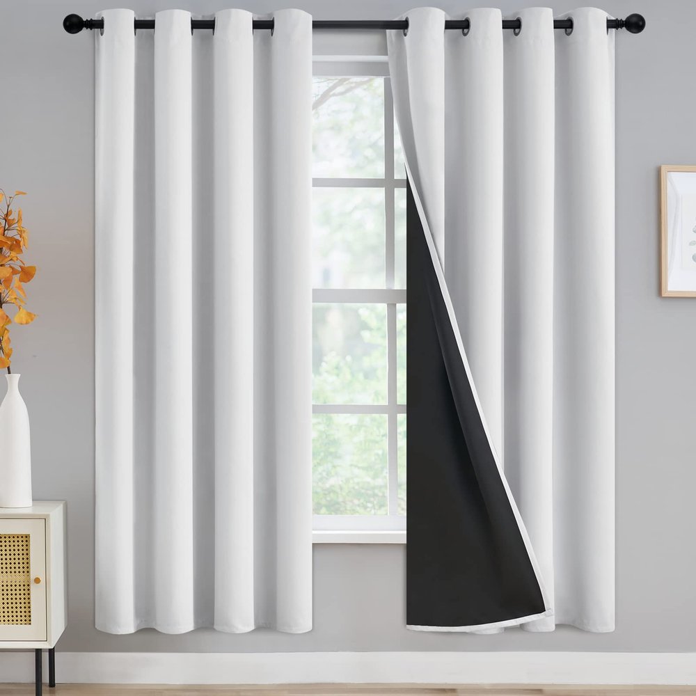 100% Blackout Curtains for Bedroom - Triple Weave Grommet Top Thermal Insulated Window Treatment Light Blocking Panels with Black Liner for Kitchen/Kids Room, Greyish White, W52 x L72, 2 Panels