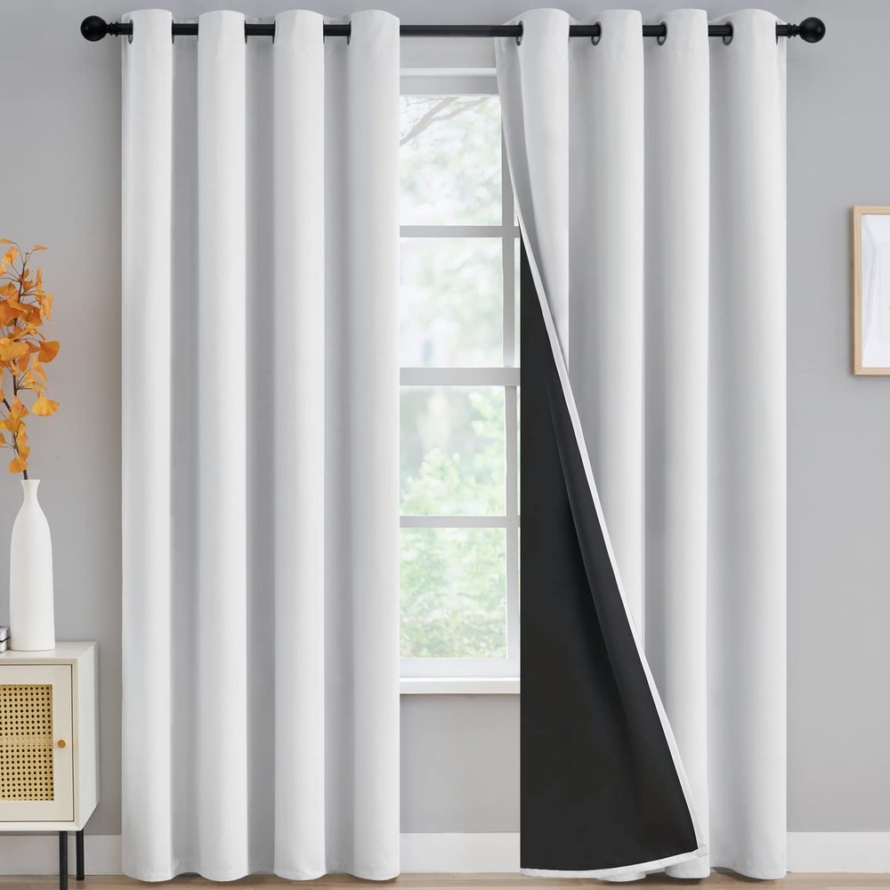 100% Blackout Curtains for Bedroom - Triple Weave Grommet Top Thermal Insulated Window Treatment Light Blocking Panels with Black Liner for Living Room/Kids Room, Greyish White, W52 x L84, 2 Panels