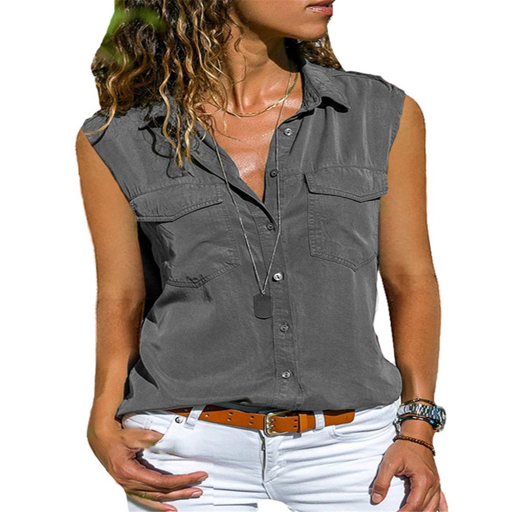 Andongnywell Solid color Casual Lapel sleeveless shirt pocket shirt women's wear Summer Buttons Cardigan tops (Gray,4,X-Large)