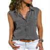 Andongnywell Solid color Casual Lapel sleeveless shirt pocket shirt women's wear Summer Buttons Cardigan tops (Gray,4,X-Large) view 1