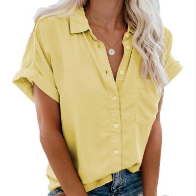Andongnywell Women's Casual Lapel Tops Shirt Collar Blouses Short Sleeve Button Down Pocket Tees Blouse (Yellow,4,X-Large)