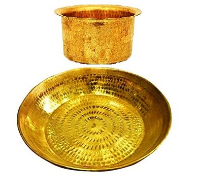 Will and Weaves Traditional Kitchen Utensil Brass Hammered Dough Maker Parat Atta Maker 15 inches with Brass Tope/Patila 2 liters