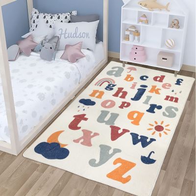 ABREEZE Kids Play Mat,Fluffy Faux Wool Kids Rug 3.3'x5' Non-Slip Childrens Carpet ABC Number Educational Learning & Game for Living Room Bedroom Playroom Nursery Best Shower Gift