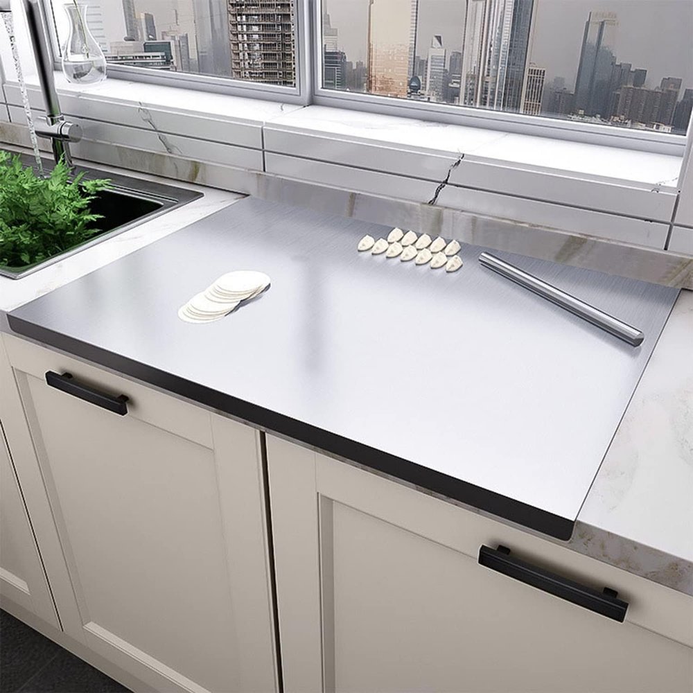 Stainless Steel Cutting Board with Lip, Extra Large Stove Top Chopping Board Pastry Board Kneading Board Noodle Boards 32x 20 with Rolling Pin