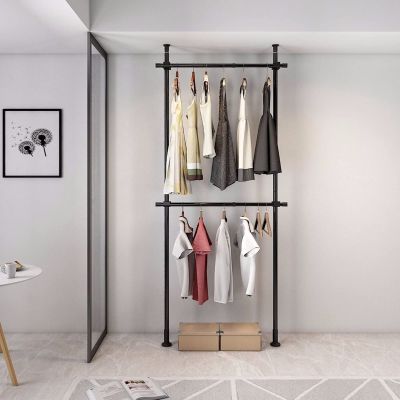 2 Tier Clothes Rack for Hanging Clothes, Adjustable Clothing Rack, Heavy Duty Free-Standing Garment Racks, Closet System, Floor to Ceiling Clothes Hanger for Bedroom Guest Room, Black