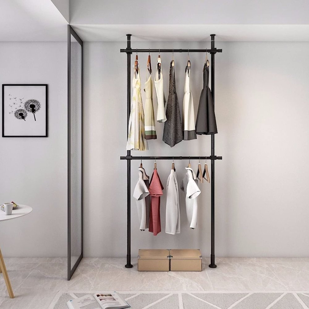 2 Tier Clothes Rack for Hanging Clothes, Adjustable Clothing Rack, Heavy Duty Free-Standing Garment Racks, Closet System, Floor to Ceiling Clothes Hanger for Bedroom Guest Room, Black