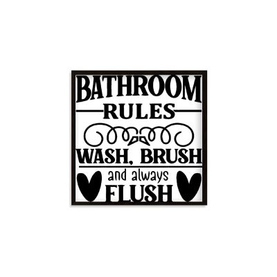 Framed Quotation Inspirational Wall Decor Wooden Art Signs Positive Quotes Sayings Bathroom Rules Wash Brush and Flush Black-C6 18x18cm