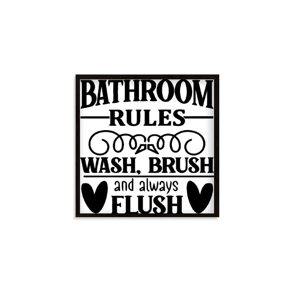 Framed Quotation Inspirational Wall Decor Wooden Art Signs Positive Quotes Sayings Bathroom Rules Wash Brush and Flush Black-C6 18x18cm