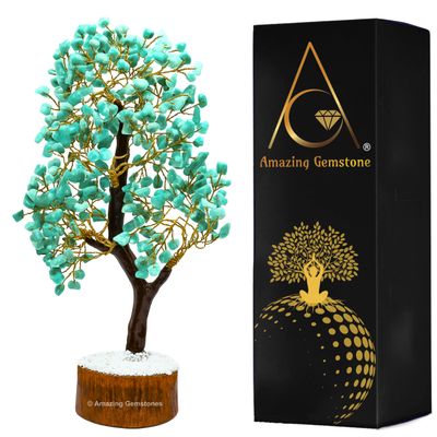 Amazing Gemstone Amazonite Natural Healing Premium Crystal Bonsai Feng Shui Fortune Money Tree of Life for Home Office Decor (Gift Box Ready) (10-12 Inch)