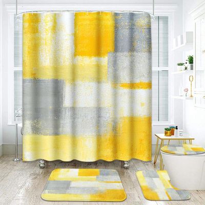 ArtSocket 4 Pcs Shower Curtain Set Yellow Grey Abstract Painting Gray Vintage Retro with Non-Slip Rugs Toilet Lid Cover and Bath Mat Bathroom Decor Set