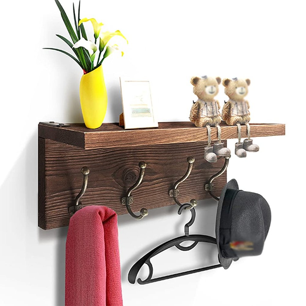 QPZK Rustic Wooden Coat Rack Shelf Wall Mounted Wooden Hook Rack, Solid Wood Country Style Entryway Shelf Rack for Upper Storage Shelf for Entryway, Bedroom, Mudroom