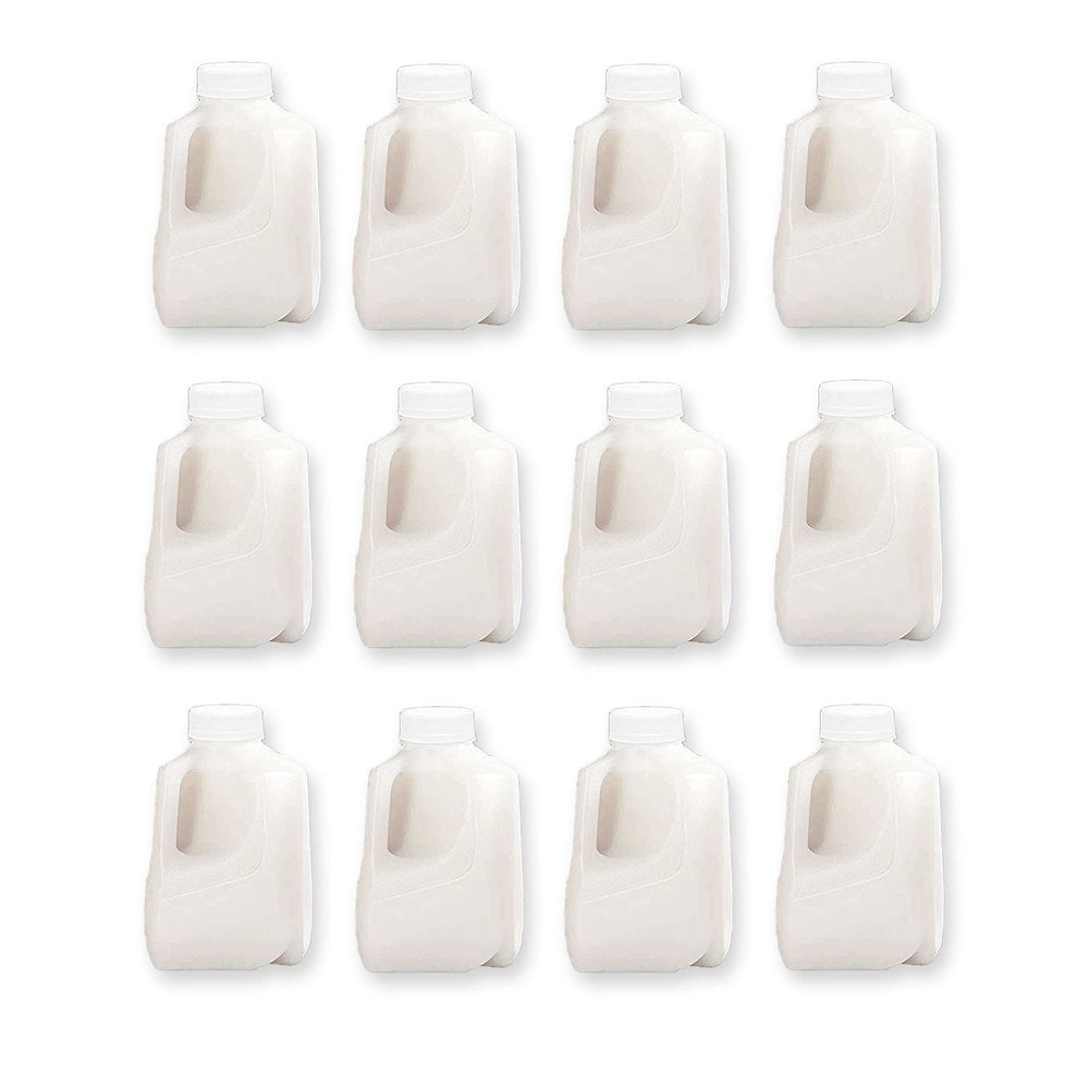 (12Pk) Mini Milk Jugs Plastic With Lid Quart Size Jugs Empty Milk Jugs, Use For Milk, Brews, Juice, Teas, Easy Grip Easy Pour Pitcher Elderly, Special Needs & Small Hands, Food Safe, Hdpe Squat 32 Oz