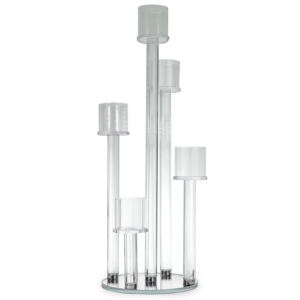 Allgala 23 Inch Glass Candelabra (58CM) Tall 5-Cup Crystal Solid Glass Tube Rod Supported Votive Candelabra-HD89128 - for Wedding Bridal Formal Events