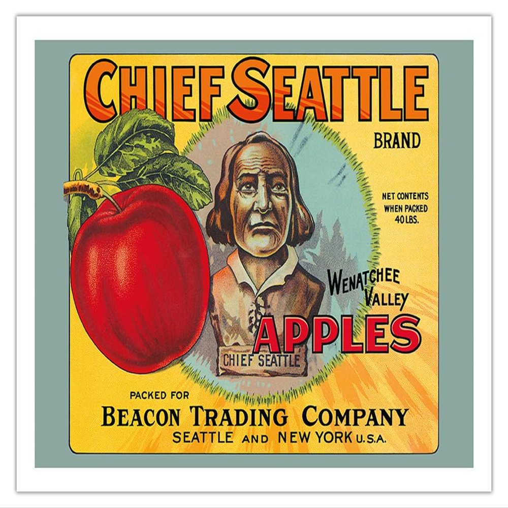 Wenatchee Valley Apples - Chief Seattle Brand - Vintage Fruit Crate Label c.1920s - Fine Art Matte Paper Print (Unframed) 20x26in