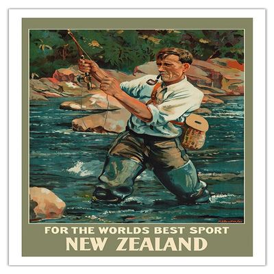 New Zealand - For the Worlds Best Sport - Trout Fly Fishing Angler - Vintage Travel Poster by Maurice Alec Poulton c.1936 - Fine Art Matte Paper Print (Unframed) 30x44in