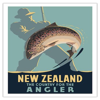 New Zealand - The Country for the Angler - Fly Fishing - Vintage Travel Poster by Leonard C. Mitchell c.1950 - Fine Art Matte Paper Print (Unframed) 30x44in