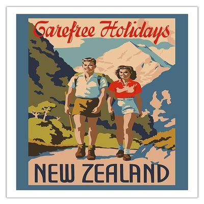 New Zealand - Carefree Holidays - Mountain Hiking - Vintage Travel Poster c.1930 - Fine Art Matte Paper Print (Unframed) 20x26in