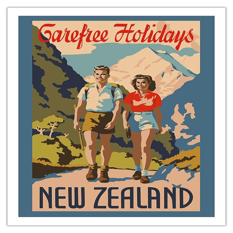 New Zealand - Carefree Holidays - Mountain Hiking - Vintage Travel Poster c.1930 - Fine Art Matte Paper Print (Unframed) 20x26in