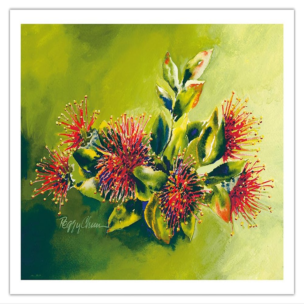 Koke'e Ohia - Native Hawaiian Ohia Lehua Tree Blossom - From an Original Watercolor Painting by Peggy Chun - Fine Art Matte Paper Print (Unframed) 20x26in
