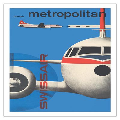 Convair Metropolitan Airliner (CV-440) - SwissAir - Vintage Airline Travel Poster by Kurt Wirth c.1956 - Fine Art Matte Paper Print (Unframed) 20x26in