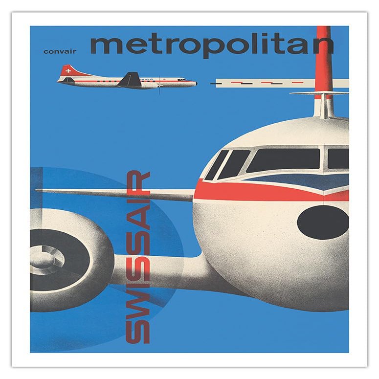 Convair Metropolitan Airliner (CV-440) - SwissAir - Vintage Airline Travel Poster by Kurt Wirth c.1956 - Fine Art Matte Paper Print (Unframed) 20x26in
