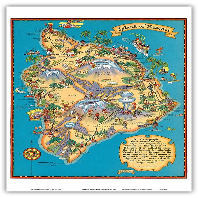 Hawaiian Island of Hawaii (Big Island) Map - Hawaii Tourist Bureau - Vintage Map by Ruth Taylor White c.1941 - Master Art Print (Unframed) 13in x 19in
