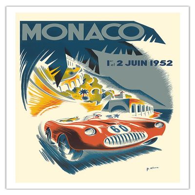 1952 Monaco Grand Prix - Race Cars - Vintage Car Racing Poster by B. Minne c.1952 - Fine Art Matte Paper Print (Unframed) 30x44in