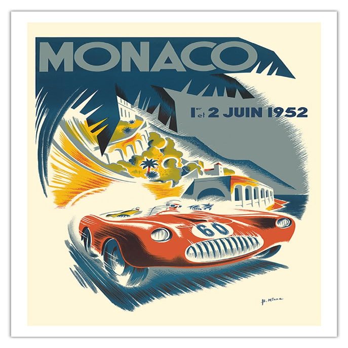 1952 Monaco Grand Prix - Race Cars - Vintage Car Racing Poster by B. Minne c.1952 - Fine Art Matte Paper Print (Unframed) 30x44in