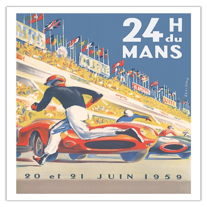 1959 Grand Prix - 24 hours of Le Mans France - Endurance Racing - Vintage Car Racing Poster by Michel Blignod c.1959 - Fine Art Matte Paper Print (Unframed) 30x44in