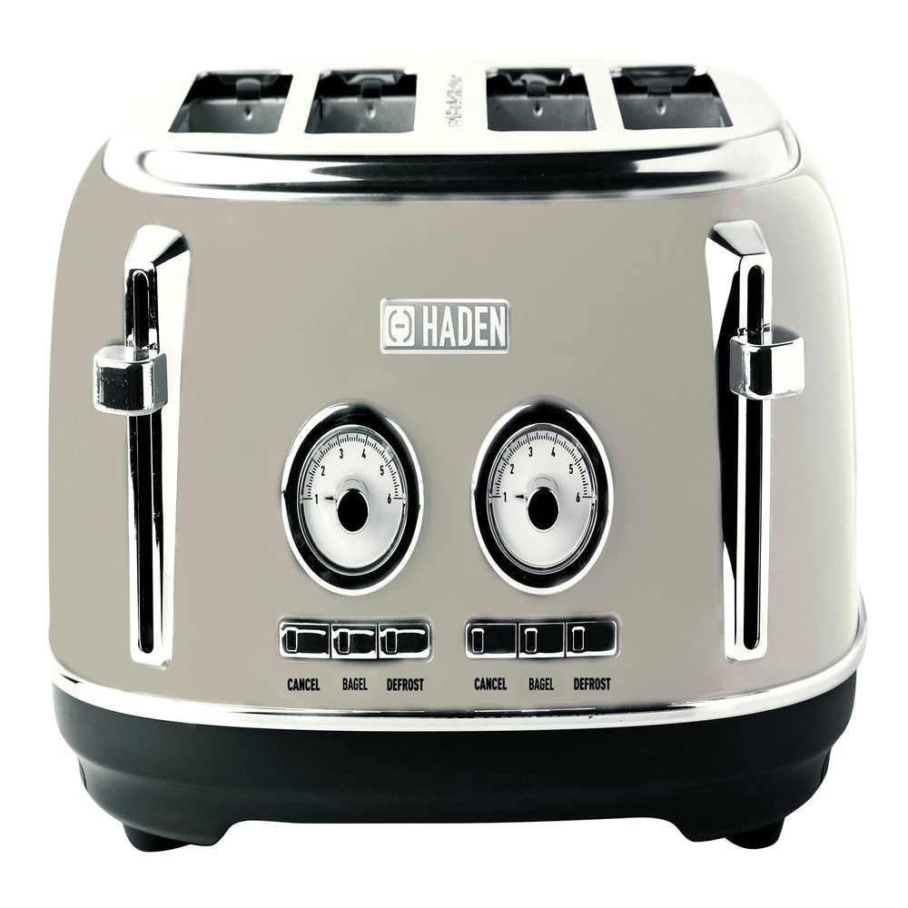 Haden Dorset 4-Slice Wide-Slot Toaster, Stainless-Steel Bread Toaster with Adjustable Browning Control, Crumb Tray & Non-Slip Feet, Putty & Chrome