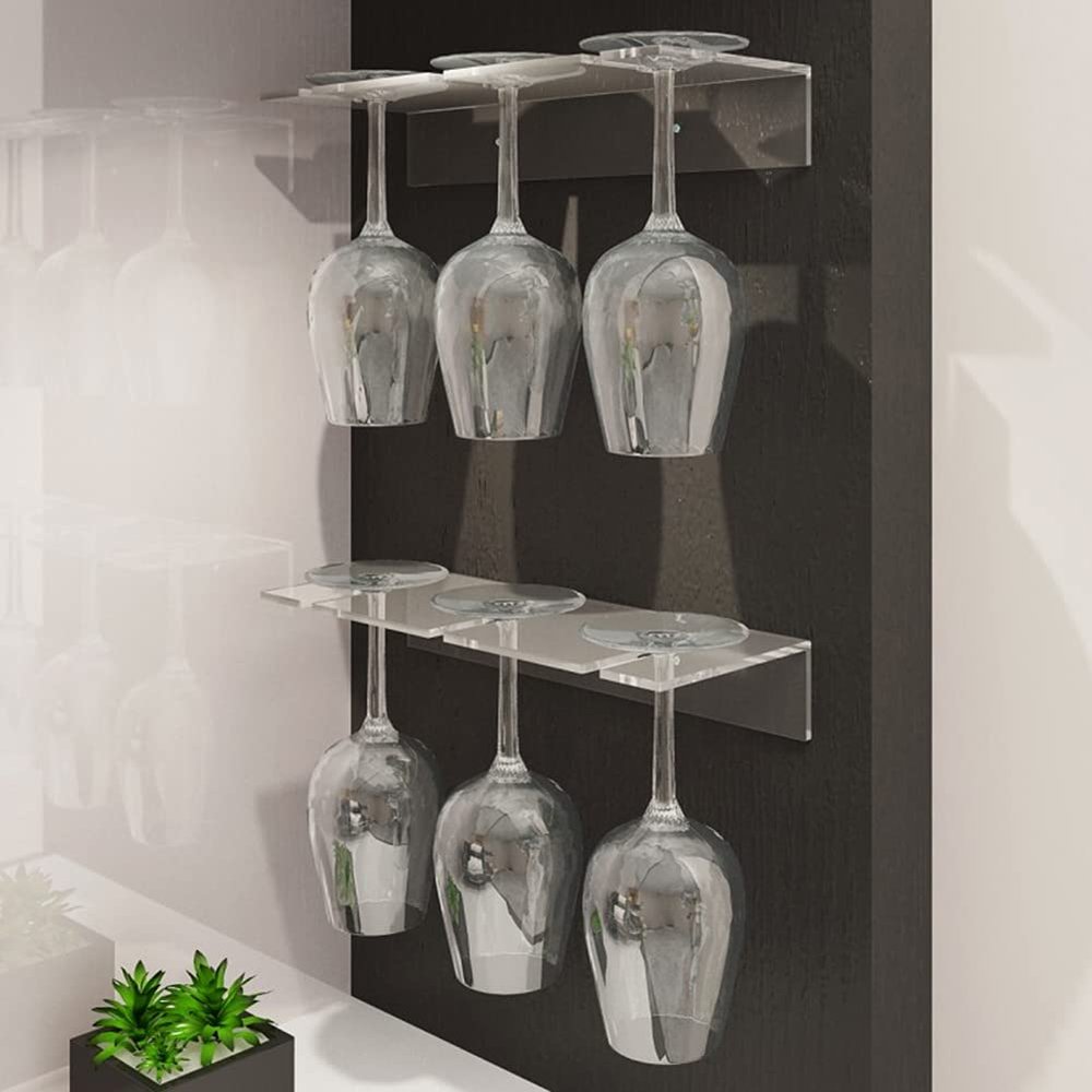 2 Pack Transparent Wine Glasses Rack Under Cabinet,Hanging Stemware Rack for Cabinet Kitchen Bar,Acrylic Organizer Holds Up To 6 Glasses