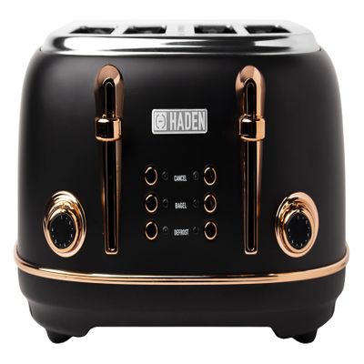 HADEN Heritage 4-Slice Toaster with Extra Wide Slots, 1500-Watt, Black & Copper - Retro Stainless Steel Design with Self-Centering Function, Adjustable Browning Control & Removable Crumb Tray